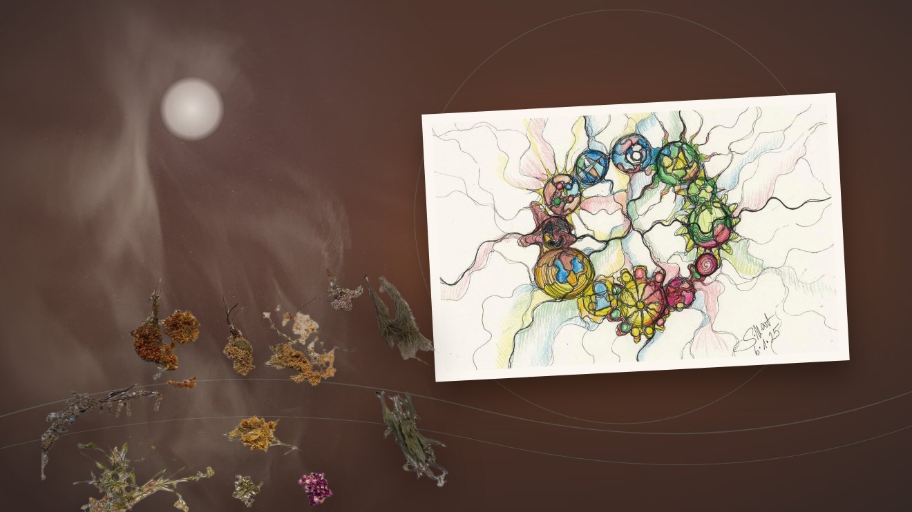 Neurokreative Zeichnung zum ganzen Jahr, daneben getrocknete Kräuter, Rauch und ein heller Vollmond auf Kupfergrund